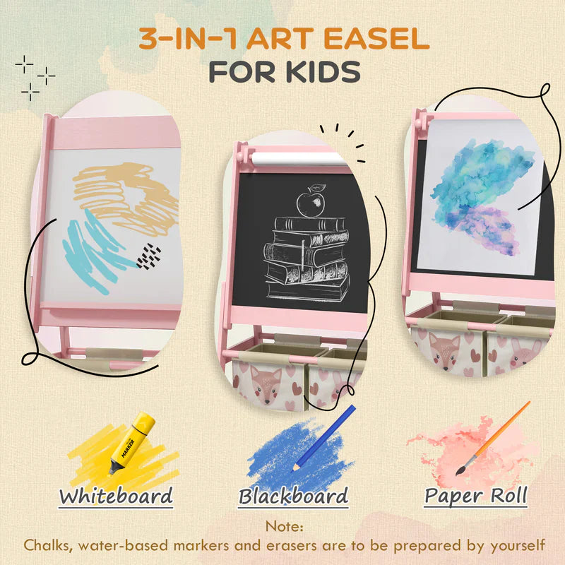 Art Easel for Kids with Paper Roll, Blackboard, Whiteboard, Storage, Pink